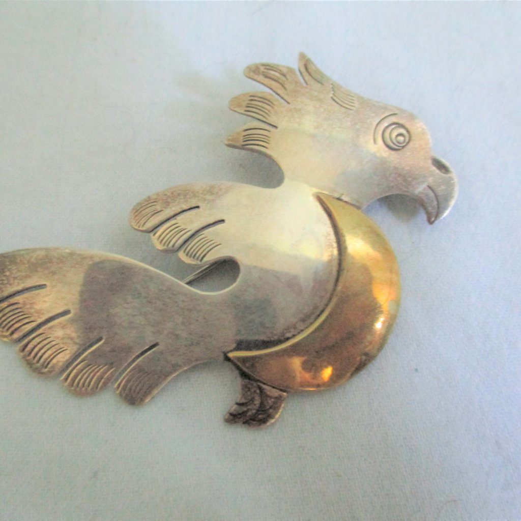 Signed Taxco Sterling Silver Fetish Parrot Bird Brooch Pin Boho Statement 44$